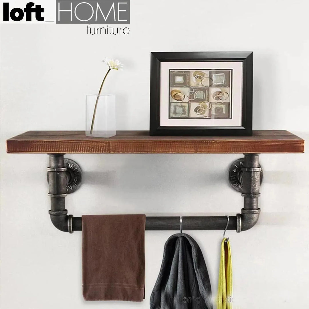 Industrial wood wall shelf pipe s in details.
