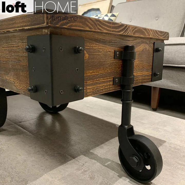 Industrial wood wheel coffee table industrial in details.