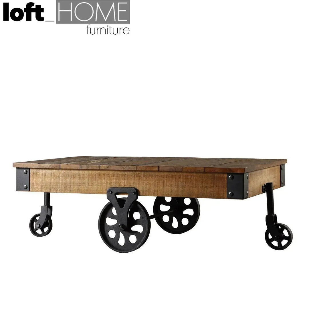 Industrial wood wheel coffee table industrial in still life.