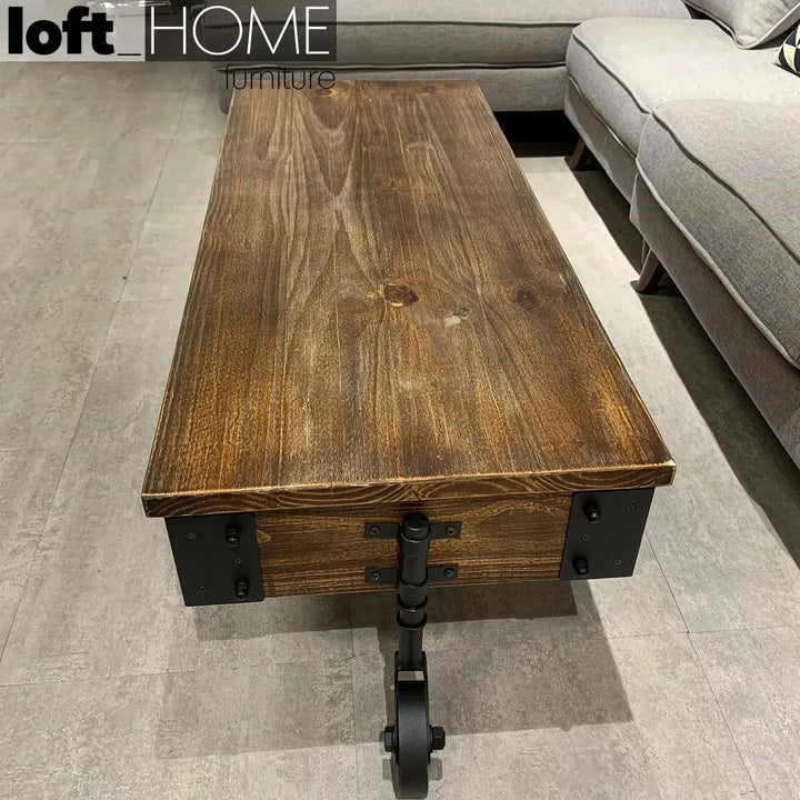 Industrial wood wheel coffee table industrial in real life style.