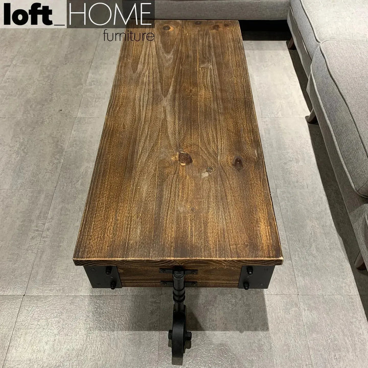 Industrial wood wheel coffee table industrial with context.