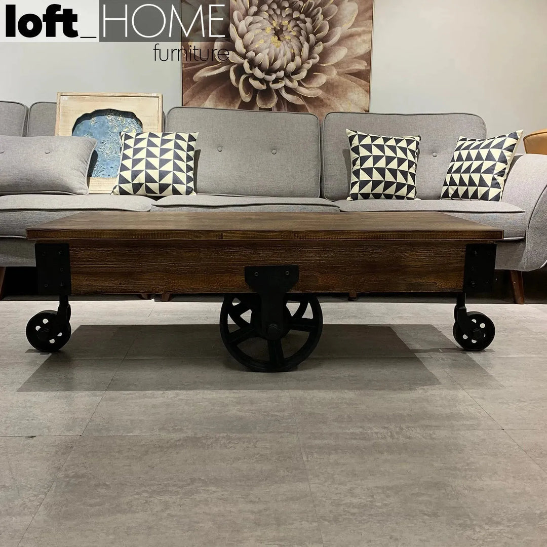 Industrial wood wheel coffee table industrial material variants.