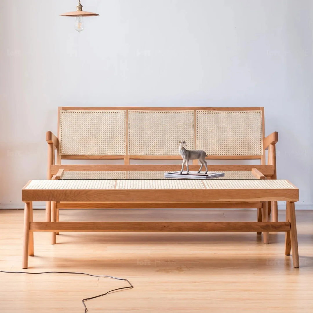 Scandinavian rattan 3 seater sofa chandigarh in close up details.