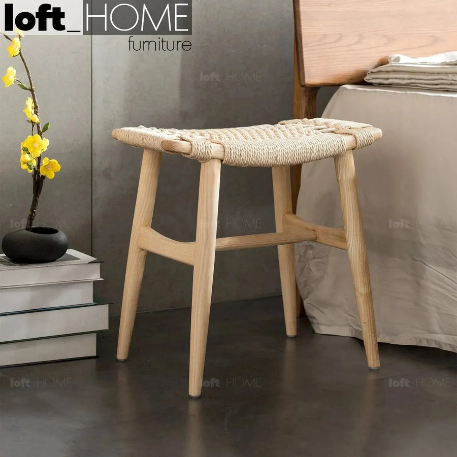 Japandi wood woven rope dining stool woven primary product view.
