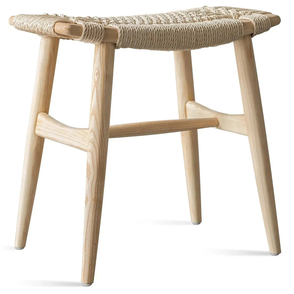 Japandi wood woven rope dining stool woven in white background.