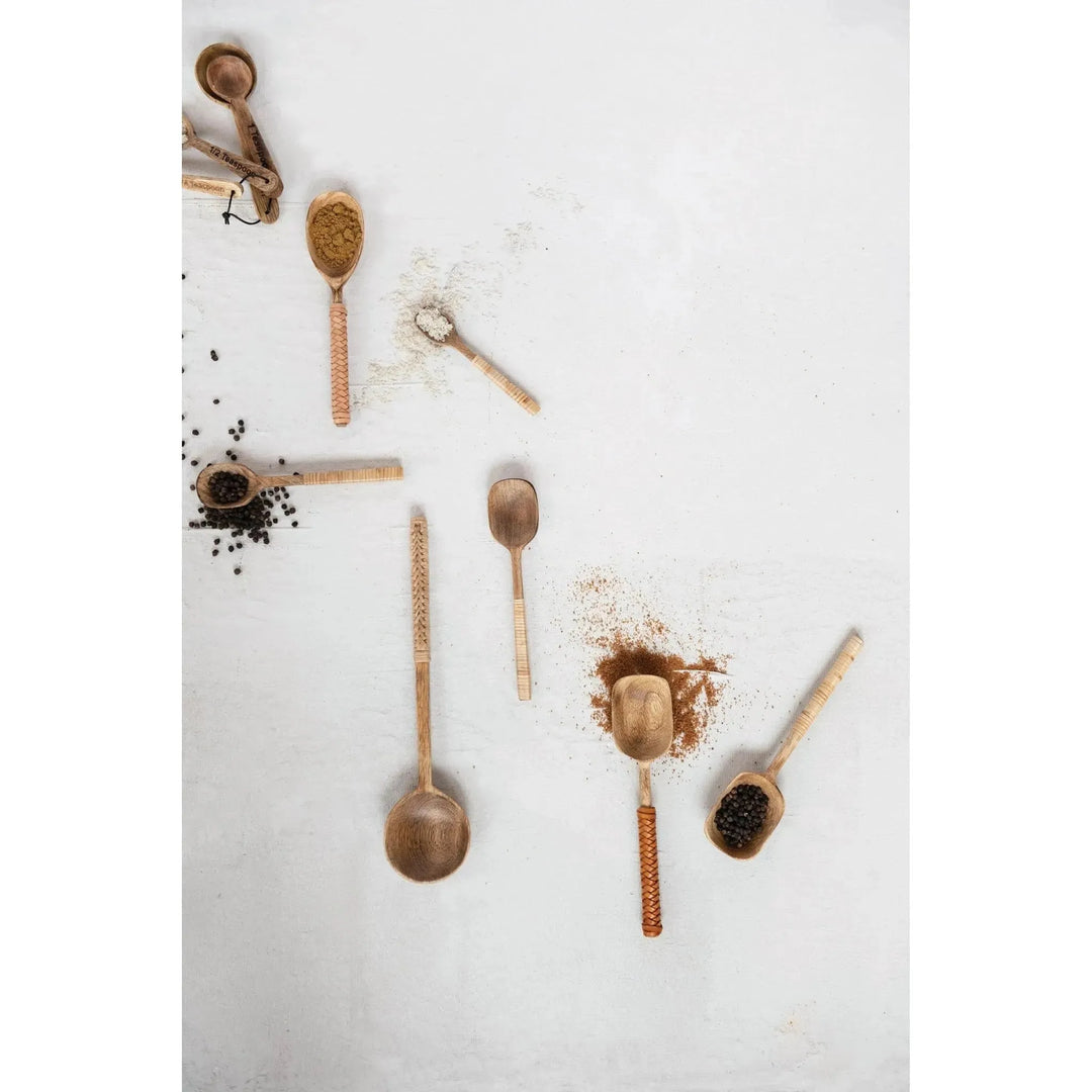 Mango wood spoon with bamboo wrapped handle decor size charts.