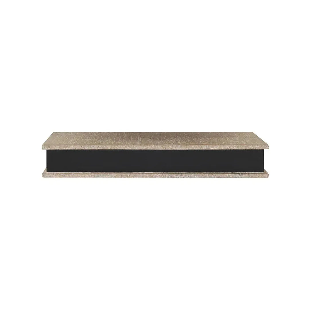 Medium wood wall shelf w/ chalkboard front (hangs or sits) in white background.