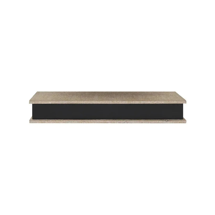 Medium wood wall shelf w/ chalkboard front (hangs or sits) in white background.