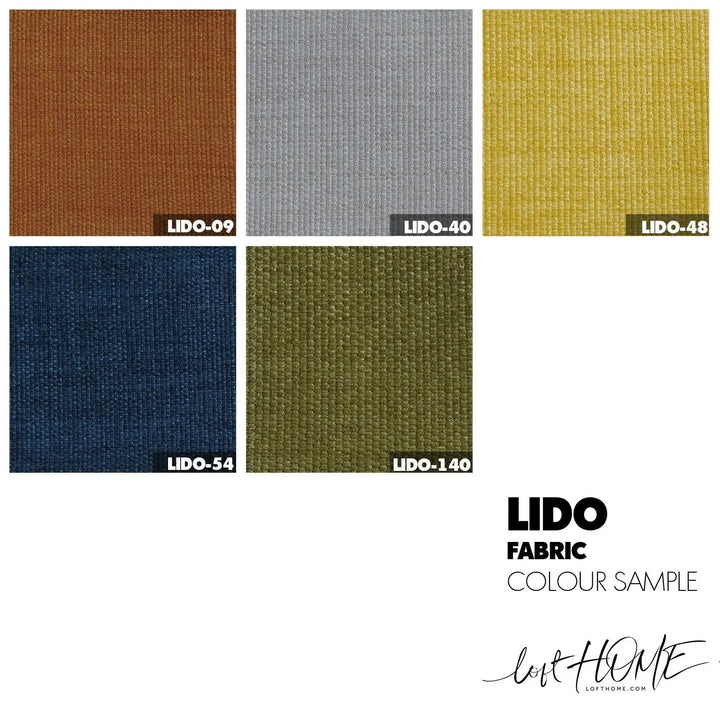 Minimalist fabric 2 seater sofa low back kas color swatches.
