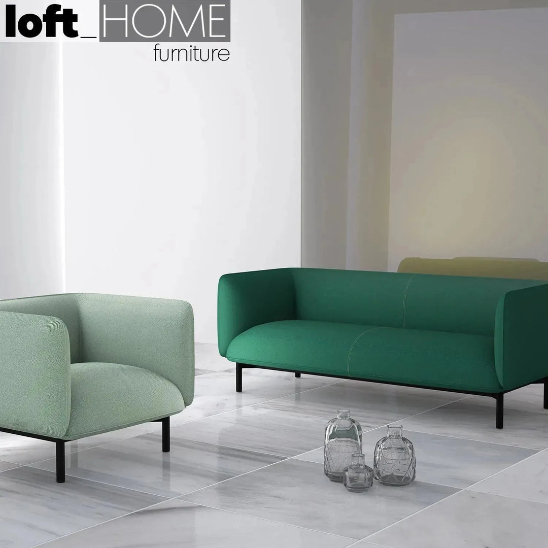 Minimalist fabric 2 seater sofa mello in close up details.