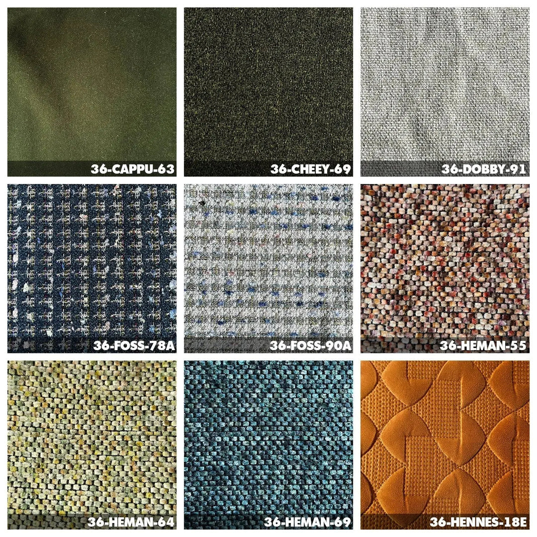 Minimalist fabric 3 seater sofa bri color swatches.