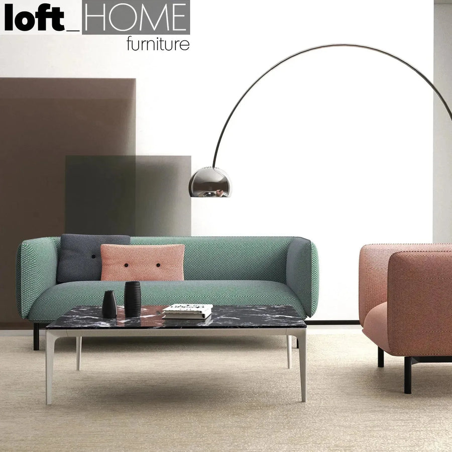 Minimalist fabric 3 seater sofa mello primary product view.