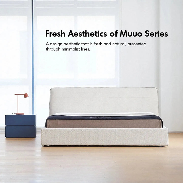 Minimalist fabric bed muuo in real life style.