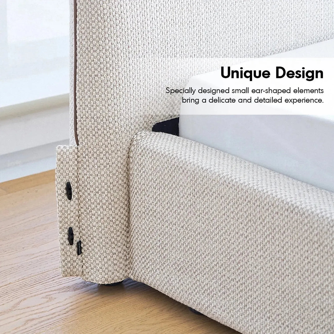 Minimalist fabric bed muuo in details.