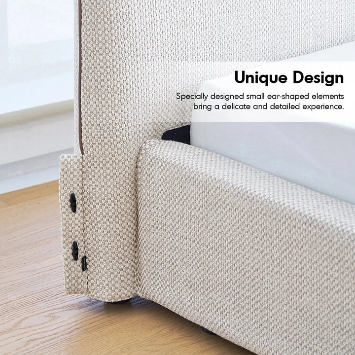 Minimalist fabric bed muuo in details.