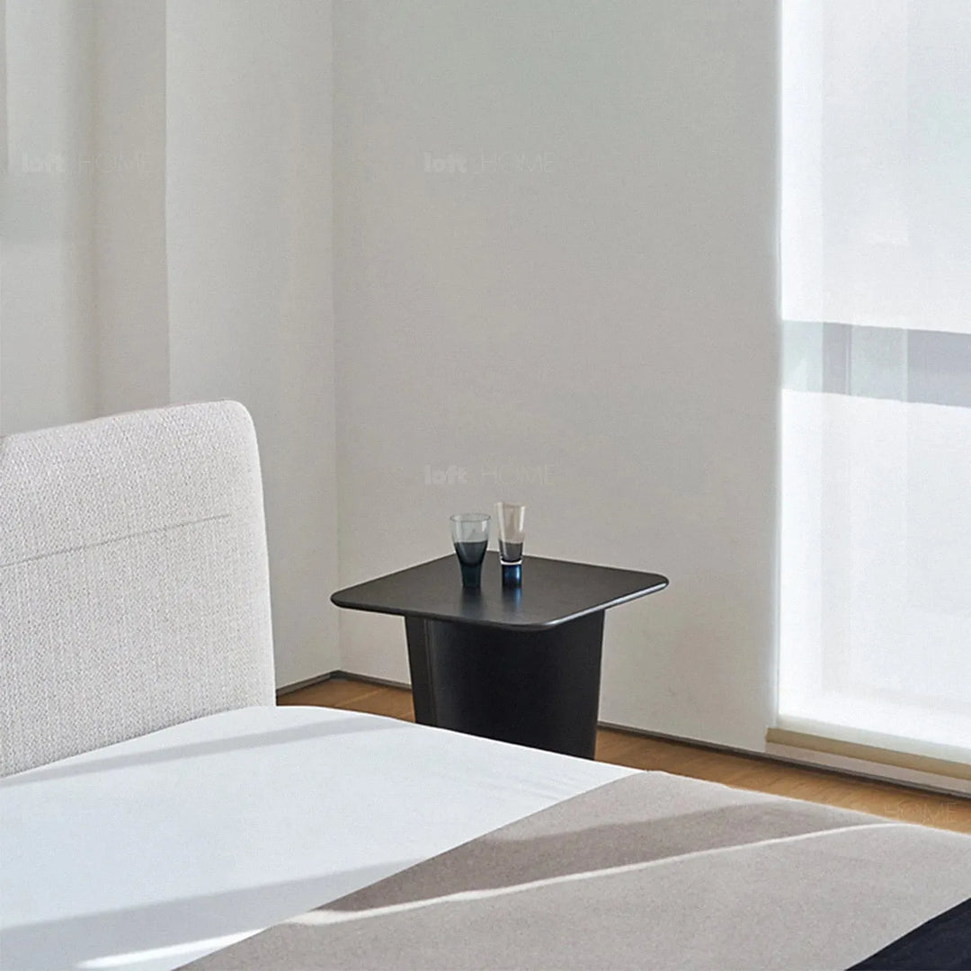 Minimalist fabric bed muuo in panoramic view.