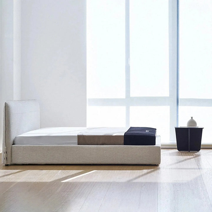 Minimalist fabric bed muuo in close up details.