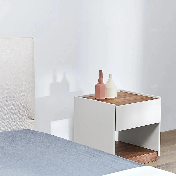 Minimalist fabric bed sino in details.