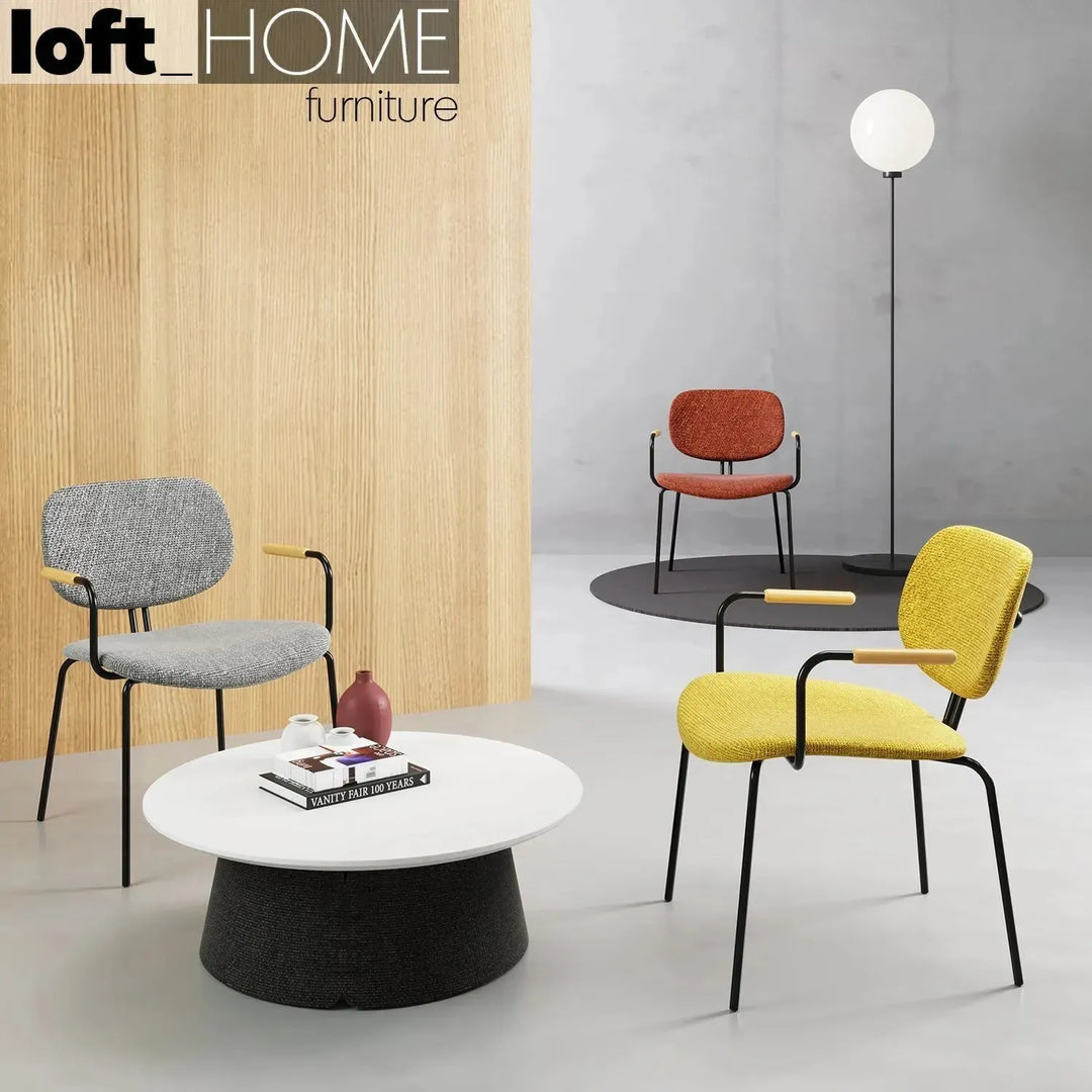 Industrial fabric dining chair et arm in details.