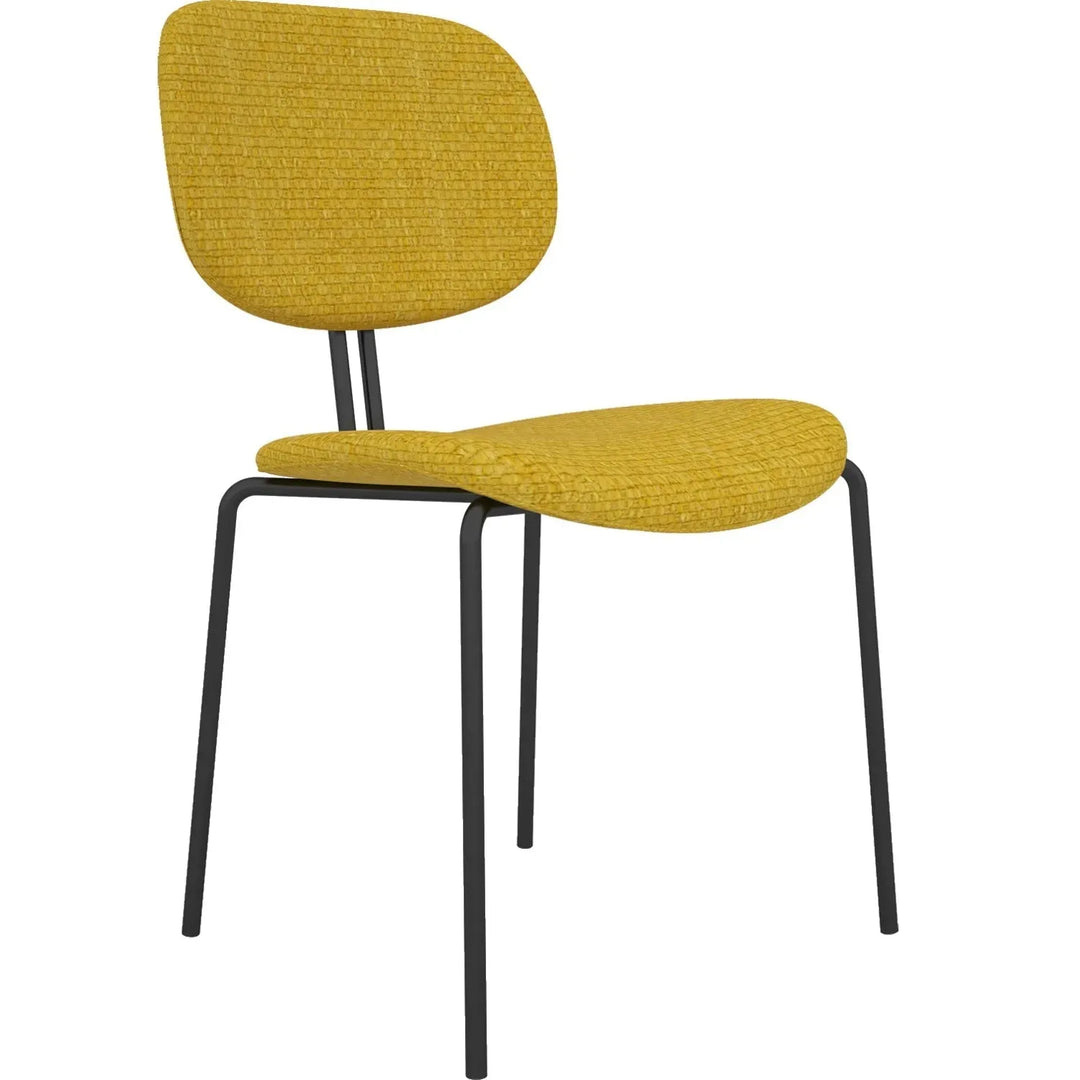 Industrial fabric dining chair et in close up details.