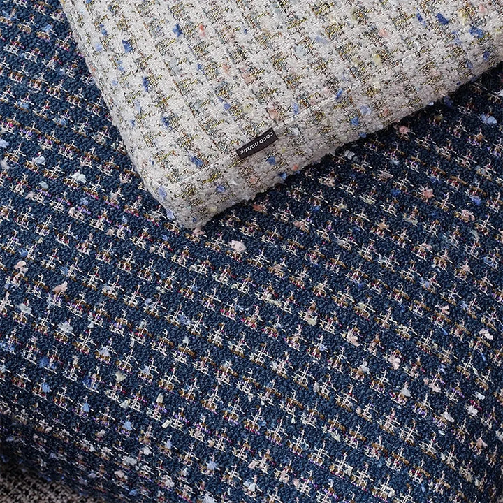 Scandinavian fabric sofa pillow sapphire blue color swatches.