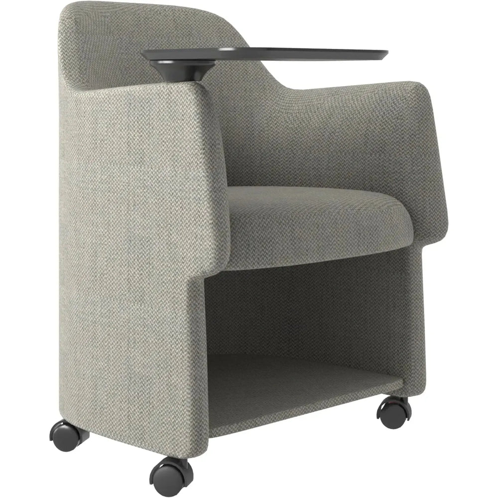Modern fabric training office chair with writing board cactus in white background.
