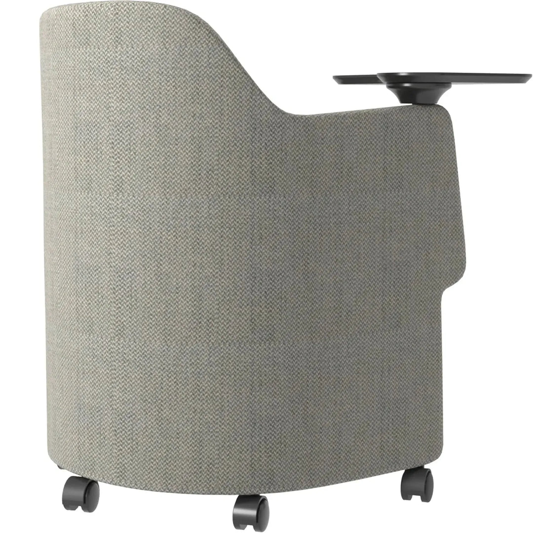Modern fabric training office chair with writing board cactus in close up details.