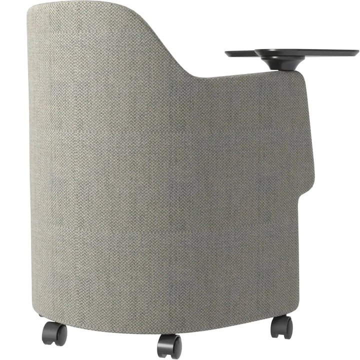 Modern fabric training office chair with writing board cactus in close up details.