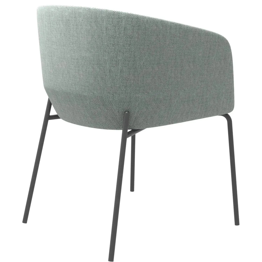 Industrial metal fabric dining chair slicing in panoramic view.