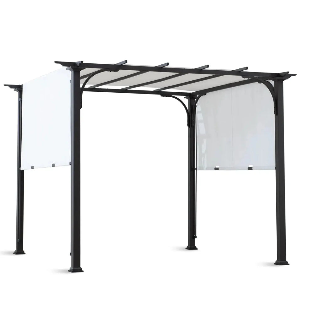 Contemporary outdoor pergola oasis in white background.