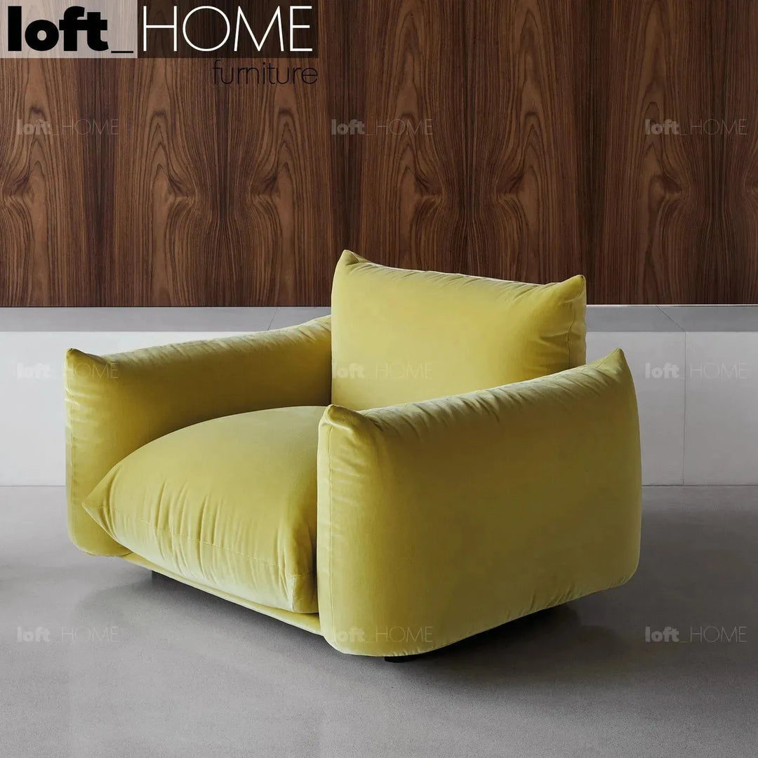 Cream teddy fabric 1 seater sofa marenco in panoramic view.