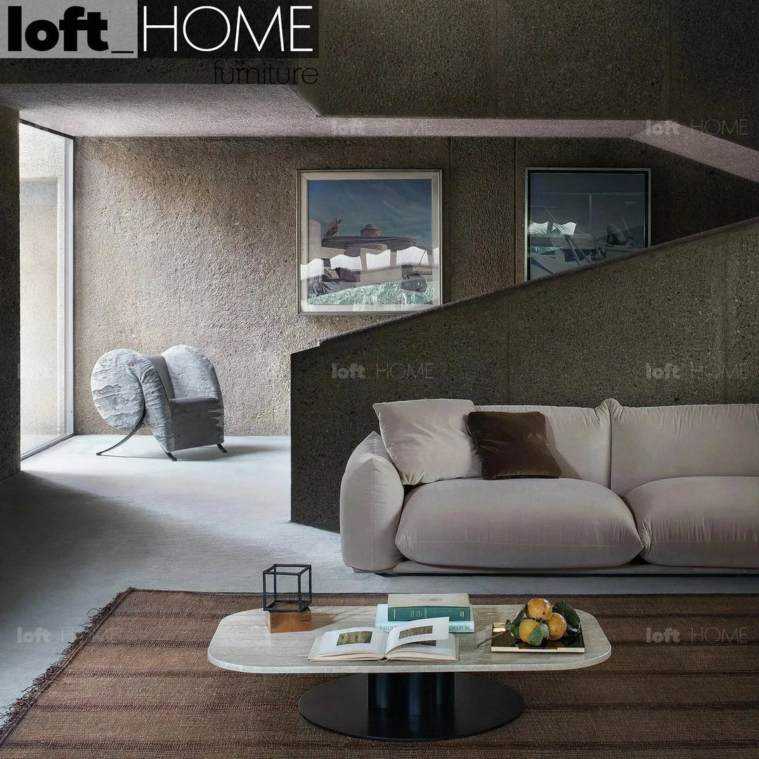 Cream teddy fabric 4 seater sofa marenco in still life.