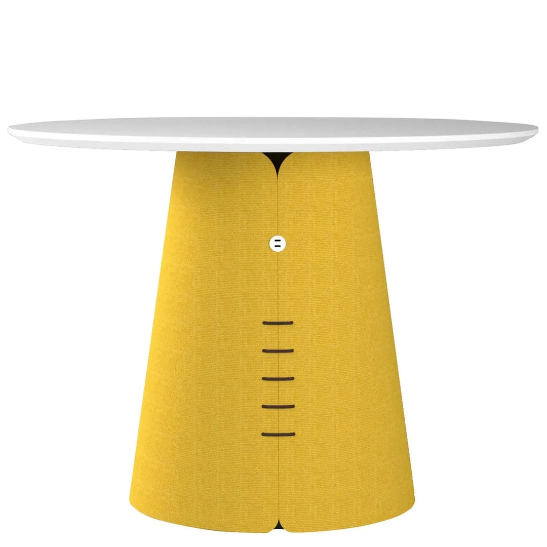 Contemporary wood round dining table collar with context.