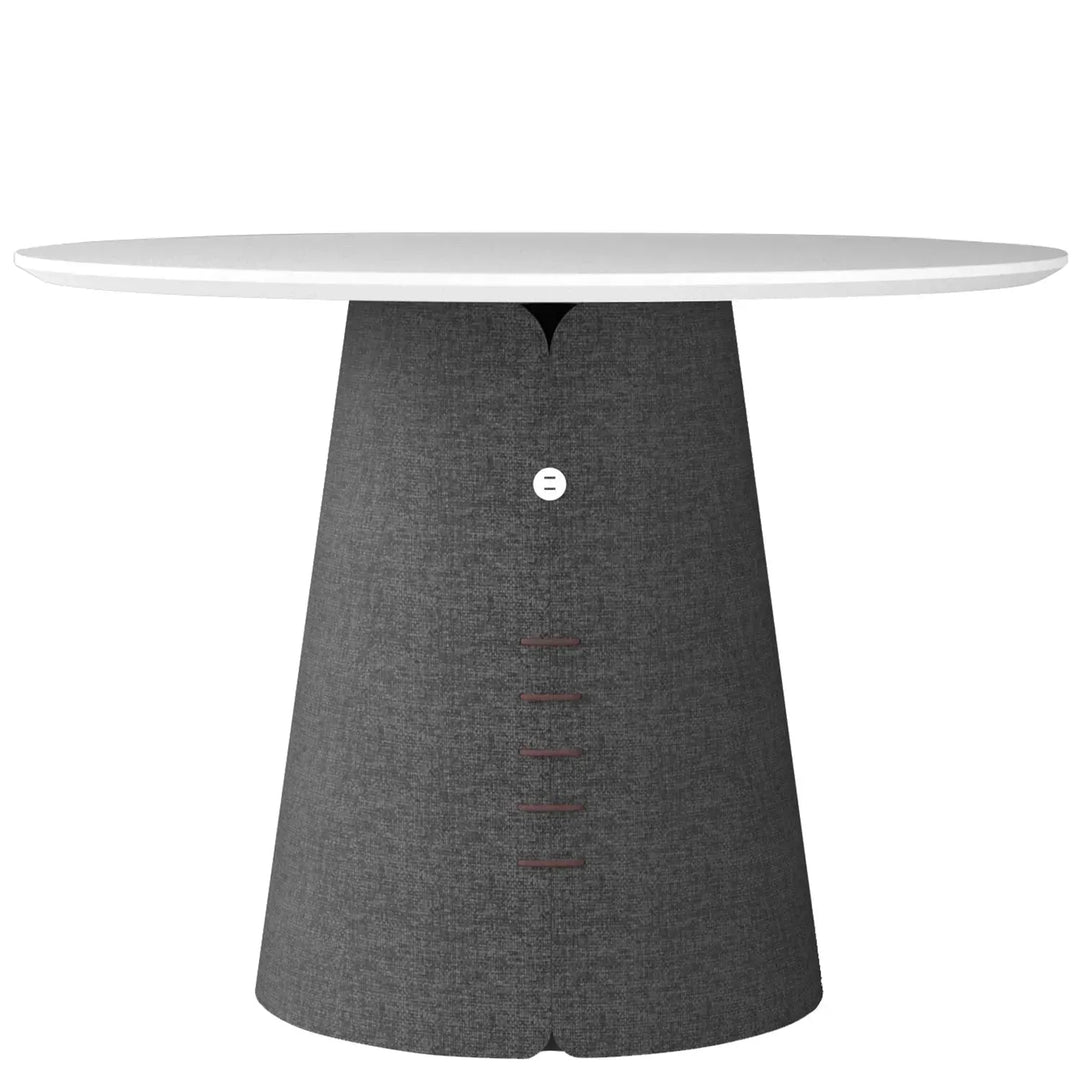 Contemporary wood round dining table collar in close up details.
