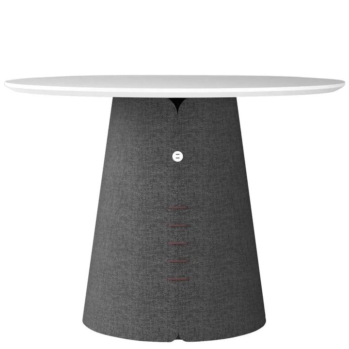 Contemporary wood round dining table collar in close up details.