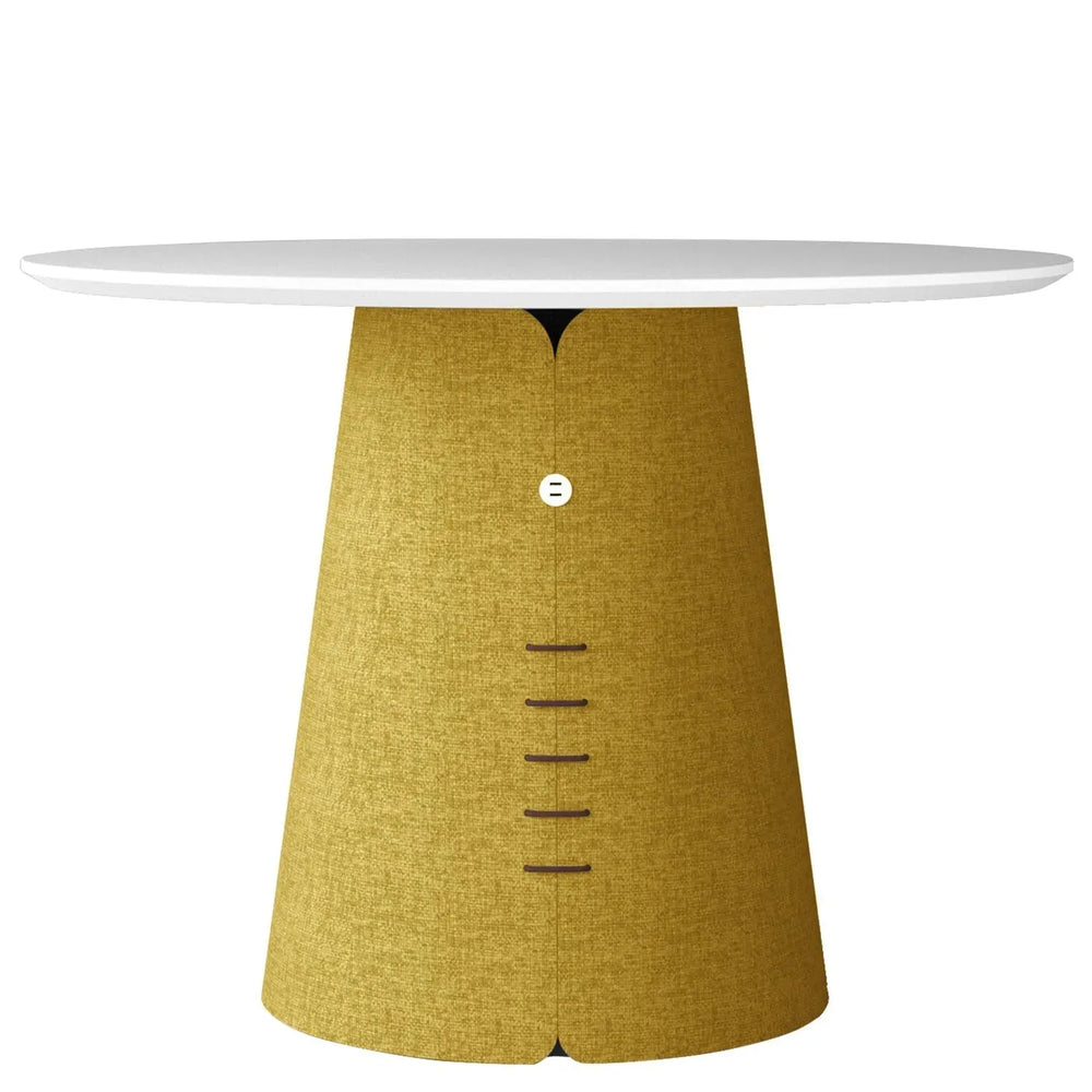 Contemporary wood round dining table collar in white background.