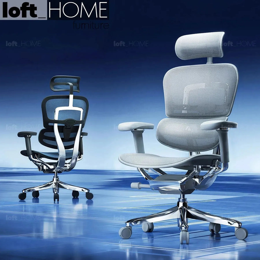 Modern mesh ergonomic office chair grey frame with legrest ergohuman e2 primary product view.