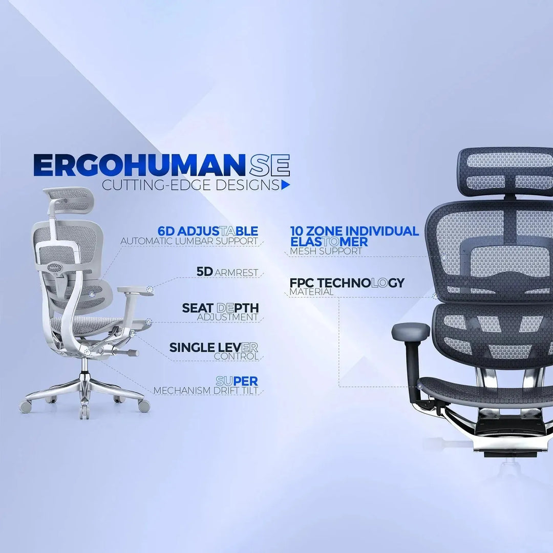 Modern mesh  ergonomic office chair grey frame with legrest ergohuman e2 material variants.
