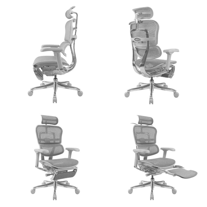 Modern mesh  ergonomic office chair grey frame with legrest ergohuman e2 in still life.