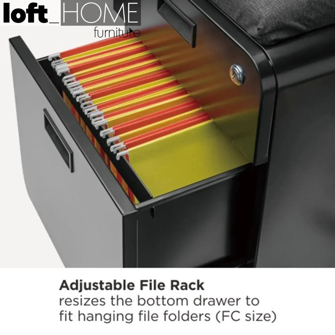 Modern metal two drawer locking mobile file cabinet with seat in details.