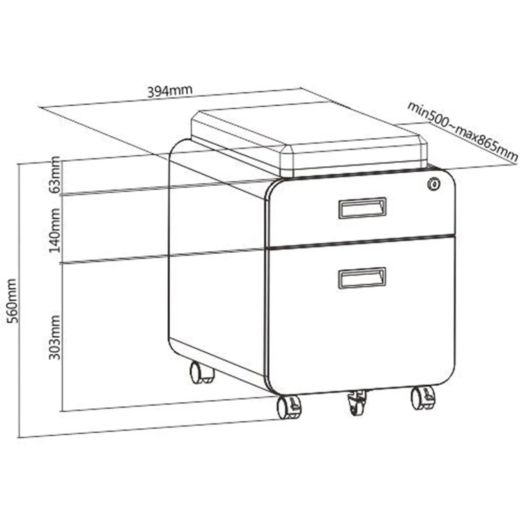 Modern metal two drawer locking mobile file cabinet with seat size charts.