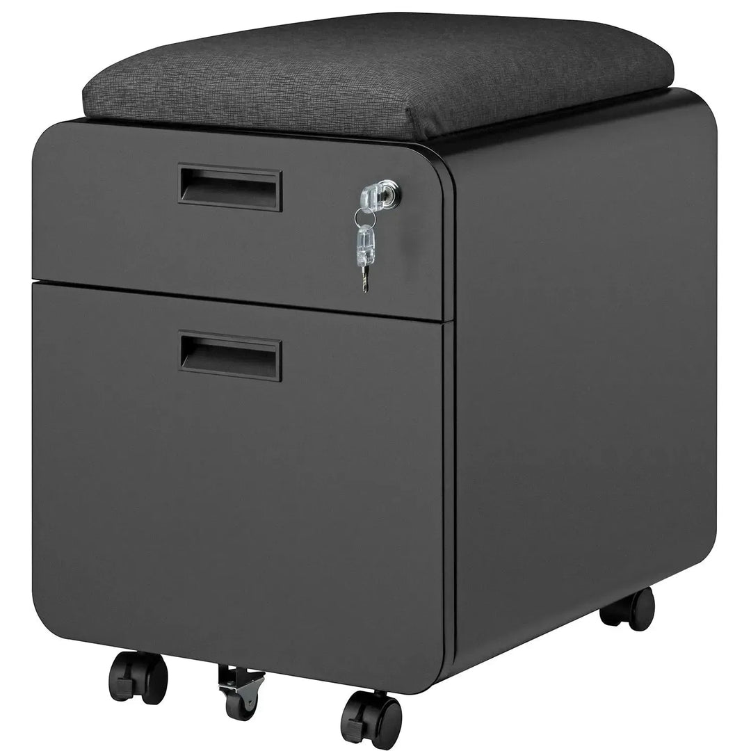 Modern metal two drawer locking mobile file cabinet with seat environmental situation.