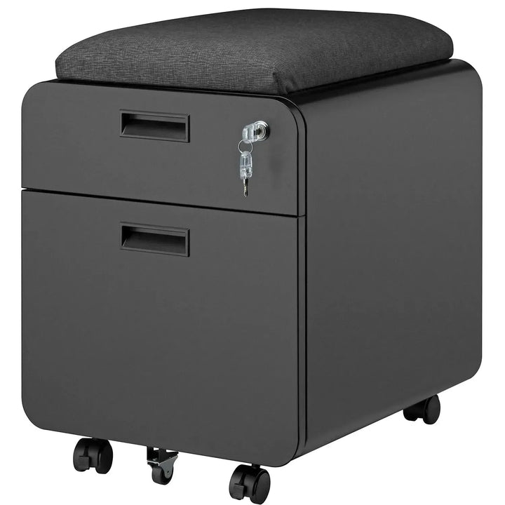Modern metal two drawer locking mobile file cabinet with seat environmental situation.