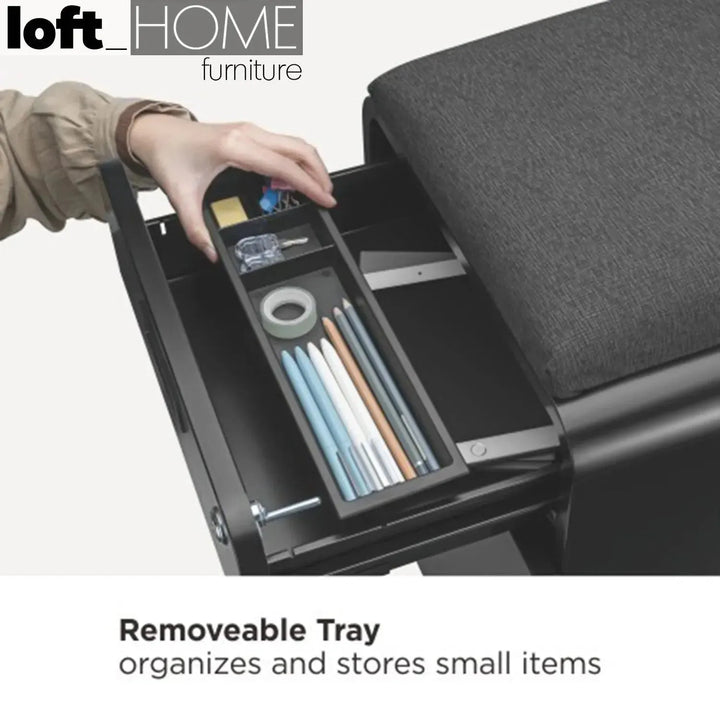 Modern metal two drawer locking mobile file cabinet with seat with context.