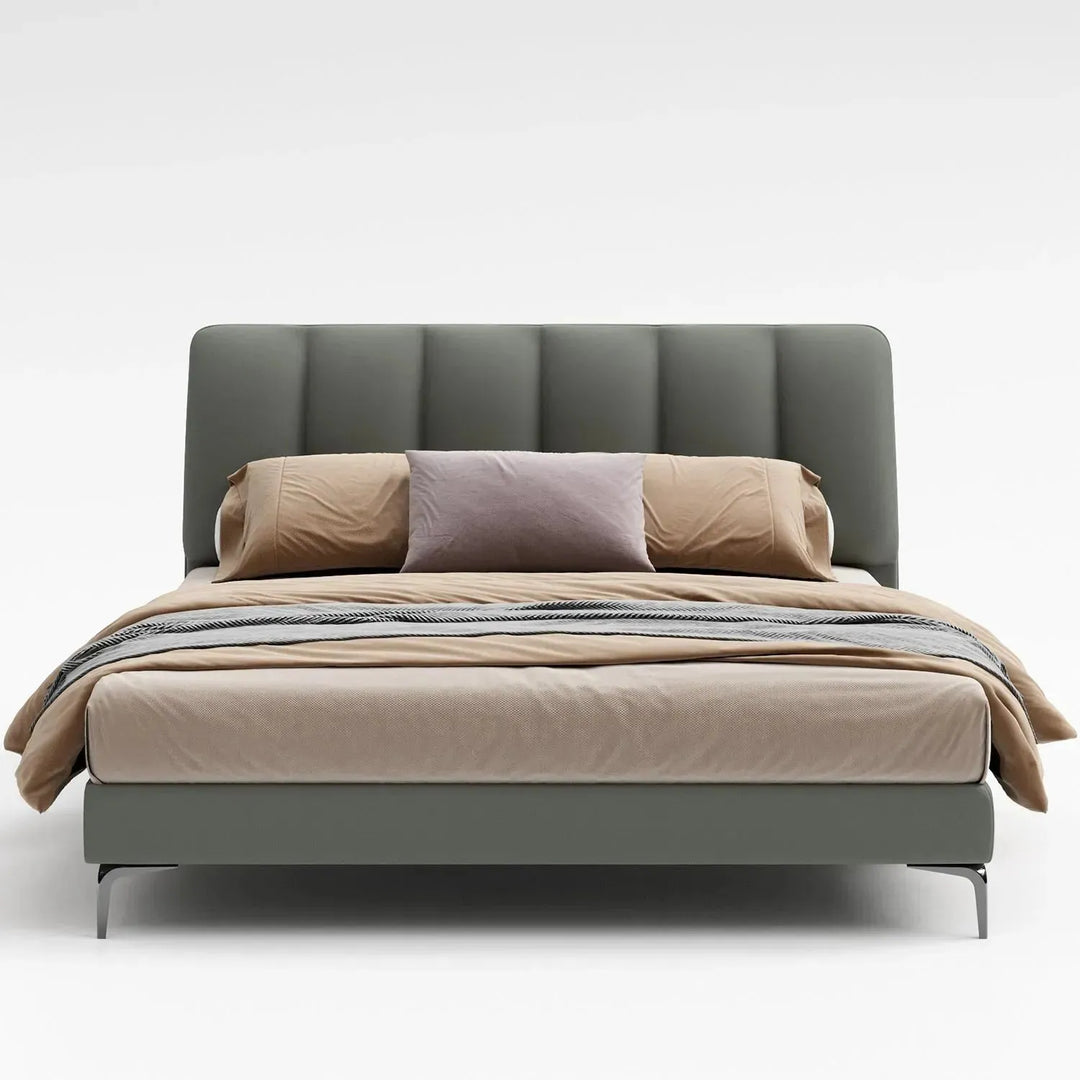 Modern microfiber leather bed cory in panoramic view.