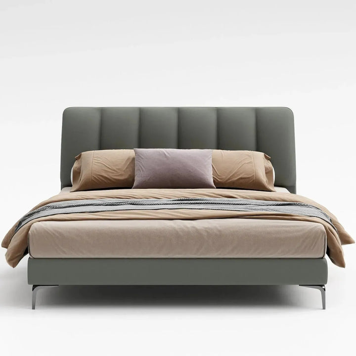 Modern microfiber leather bed cory in panoramic view.