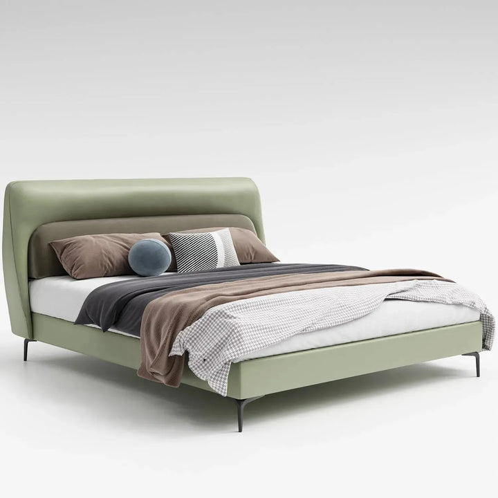 Modern microfiber leather bed raffety in panoramic view.