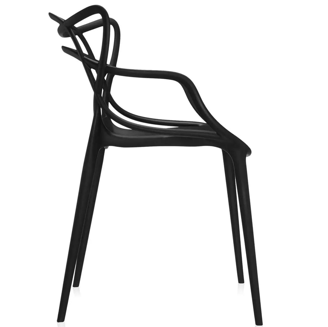 Contemporary plastic dining chair loop in real life style.