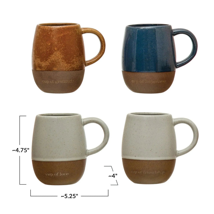 Mug with gift box and saying, 3 colors, 4 styles decor size charts.