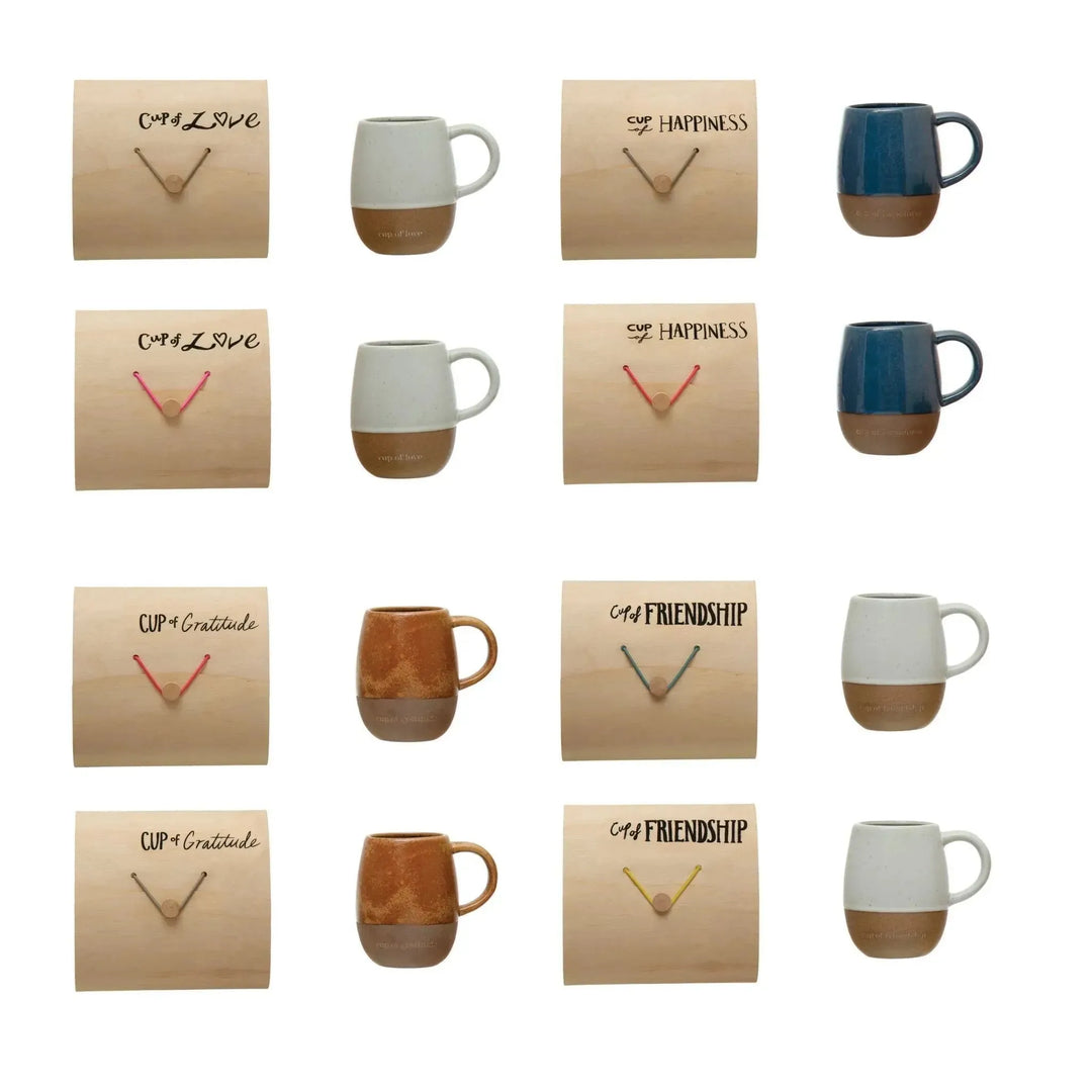 Mug with gift box and saying, 3 colors, 4 styles decor in white background.